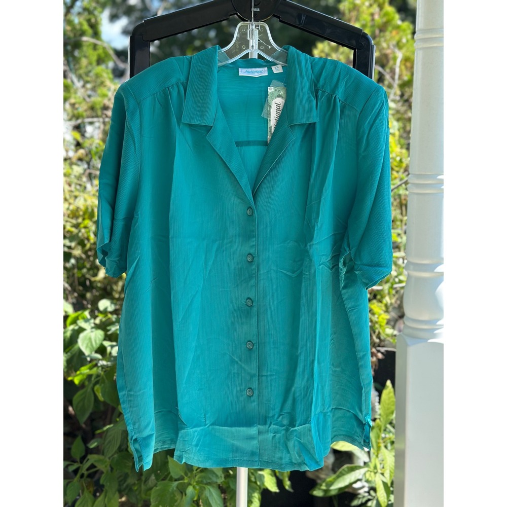 National Teal Green Crinkle Texture Short Sleeve Button Up Shirt Top Large NWT